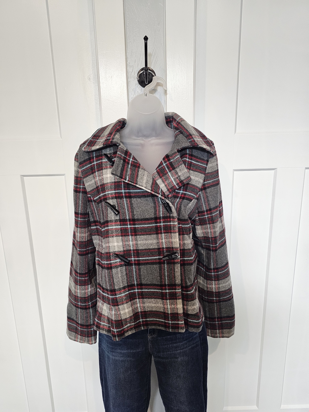 Old Navy Vintage Plaid Wool Blend Double Breasted Toggle Pea Coat Jacket, size M